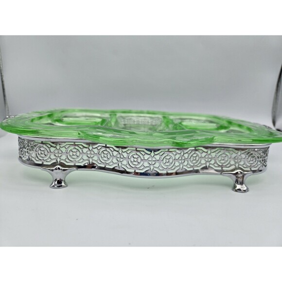 Cambridge Etched Green Uranium Glass 5-part Relish Serving Dish W/Ornate Stand - Picture 5 of 16